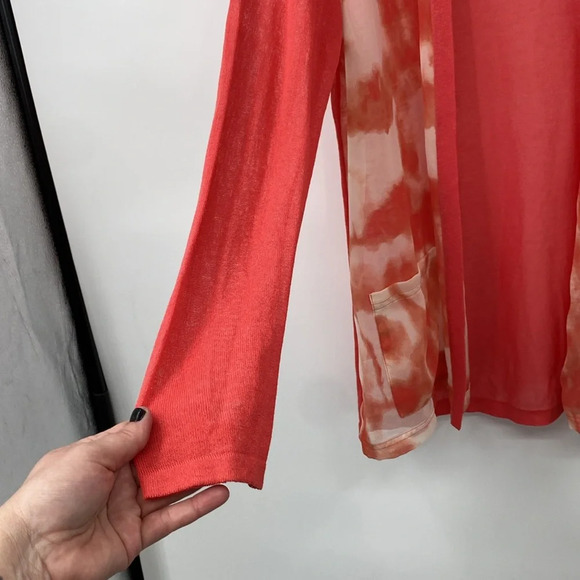 Chico's Cardigan Women Sz 2 Large Coral Orange Watercolor Chiffon Open Front - Picture 3 of 9